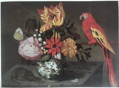 Jarrón de flores con un ratón y un loro de Jan Baptist van Fornenburgh